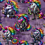 pattern of Full-length jogger pants with a bold print featuring punk-style unicorns with rainbow manes, leather jackets, studs and beer bottles. The background is a grungy purple brick wall for added edge.