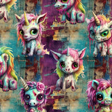 pattern featuring zombie unicorns on a grunge burgundy, green and gold background