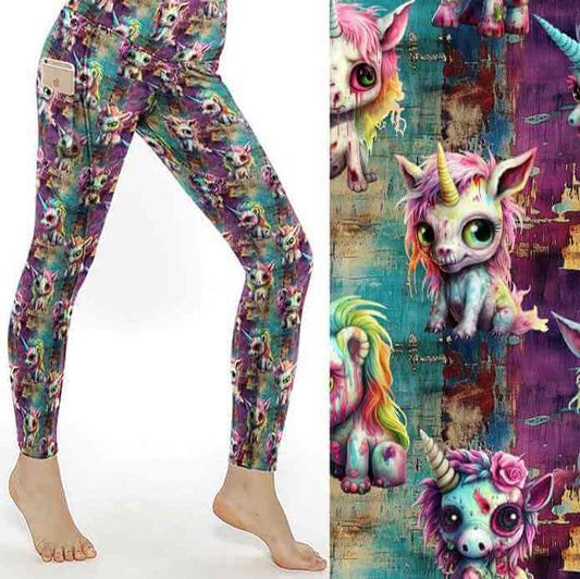 mockup of Colorful leggings featuring zombie unicorns on a grunge burgundy, green and gold background