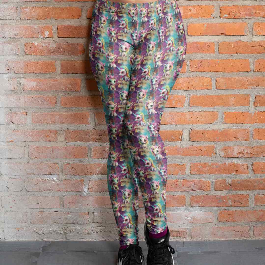 girl wearing Colorful leggings featuring zombie unicorns on a grunge burgundy, green and gold background