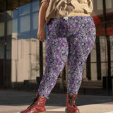 Leggings with a punk unicorn design on a purple background; close-up on the right showing edgy style details.