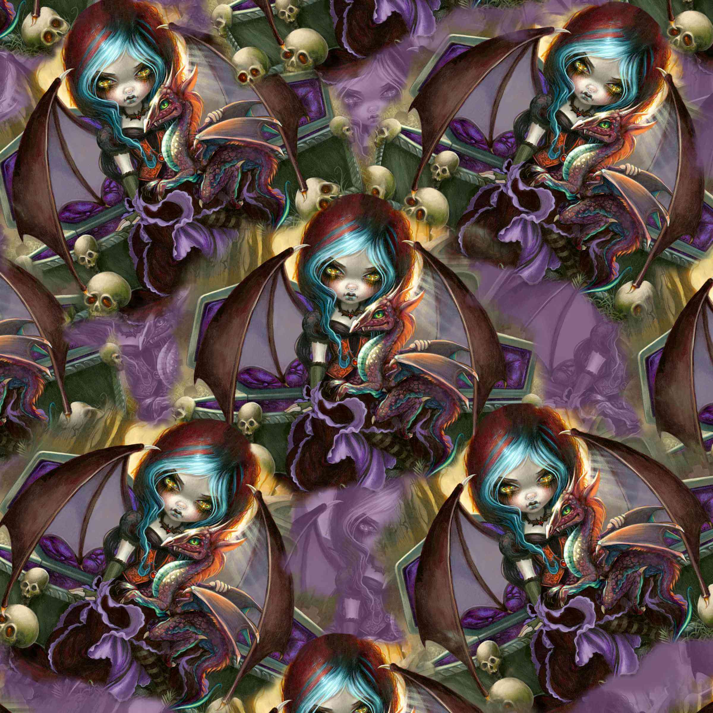 featuring a detailed, whimsical dark fantasy design with a creature resembling a dragonling, in a pattern of deep shades of blue, purple, and black against a shadowy background.
