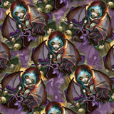 featuring a detailed, whimsical dark fantasy design with a creature resembling a dragonling, in a pattern of deep shades of blue, purple, and black against a shadowy background.