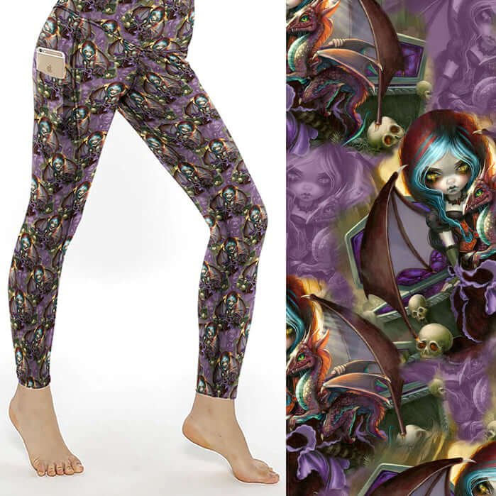 A pair of leggings featuring a detailed, whimsical dark fantasy design with a creature resembling a dragonling, in a pattern of deep shades of blue, purple, and black against a shadowy background.