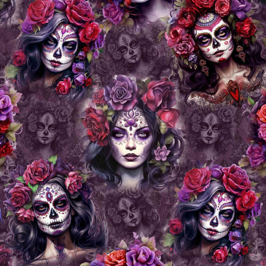 pattern of vibrant-purple-and-red-la-catrina