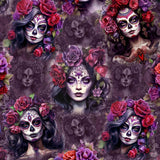 pattern of vibrant-purple-and-red-la-catrina