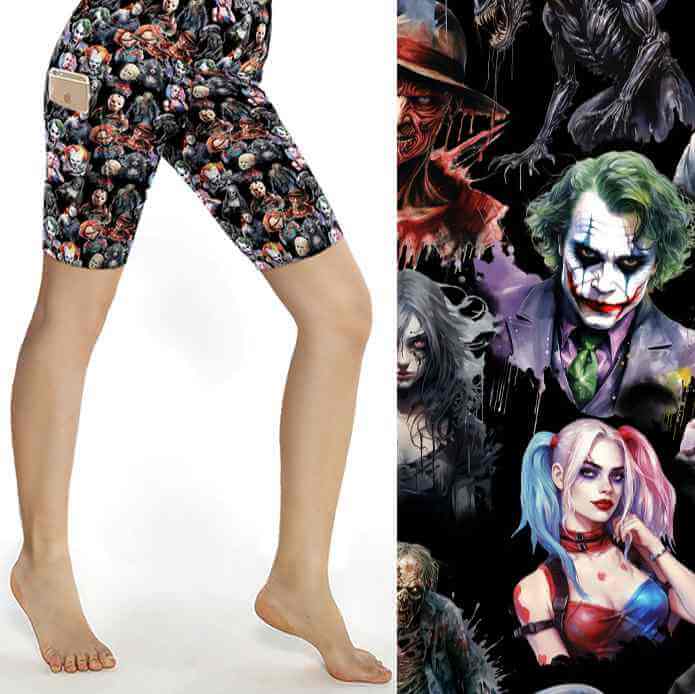 Villain or Anti-Hero bike shorts featuring horror movie icons including Chucky, Michael, Freddie, Jason, The Joker, Harley Quinn and Pinhead by Nikki Whoops Boutique.