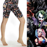 Villain or Anti-Hero bike shorts featuring horror movie icons including Chucky, Michael, Freddie, Jason, The Joker, Harley Quinn and Pinhead by Nikki Whoops Boutique.