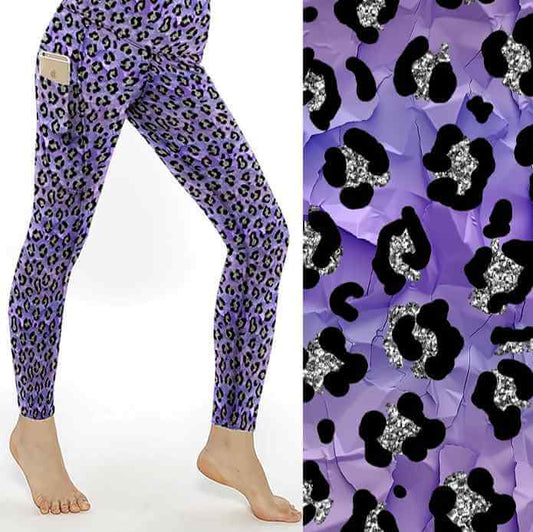 Violet Vixen leopard leggings mock up. Black & silver leopard print on violet tones by Nikki Whoops Boutique.