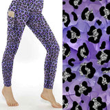 Violet Vixen leopard leggings mock up. Black & silver leopard print on violet tones by Nikki Whoops Boutique.