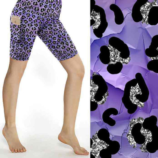 Violet Vixen leopard print shorts. Tones of violet and mauve with a black and silver leopard print by Nikki Whoops Boutique.