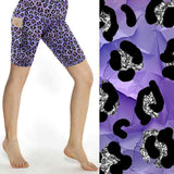 Violet Vixen leopard print shorts. Tones of violet and mauve with a black and silver leopard print by Nikki Whoops Boutique.