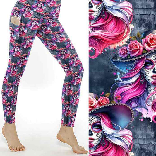 mockup of Viva La Vida - Day of the Dead Leggings brightly coloured witches by Nikki Whoops Boutique.