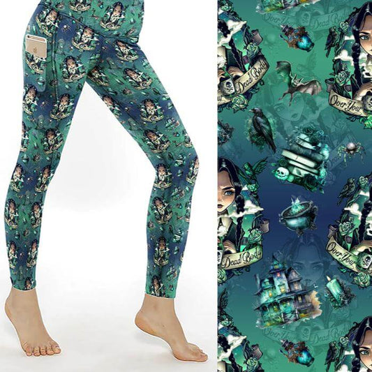 mockup of Wednesday Addams: Over Your Dead Body Full Length Leggings by Nikki Whoops Boutique.