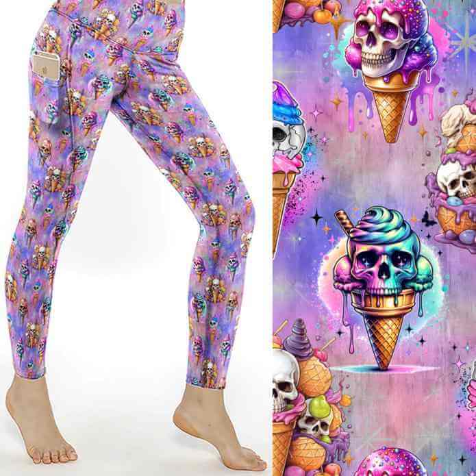 Wicked Sweet leggings with skulls in ice cream cones on a pastel pink and purple background by Nikki Whoops Boutique.