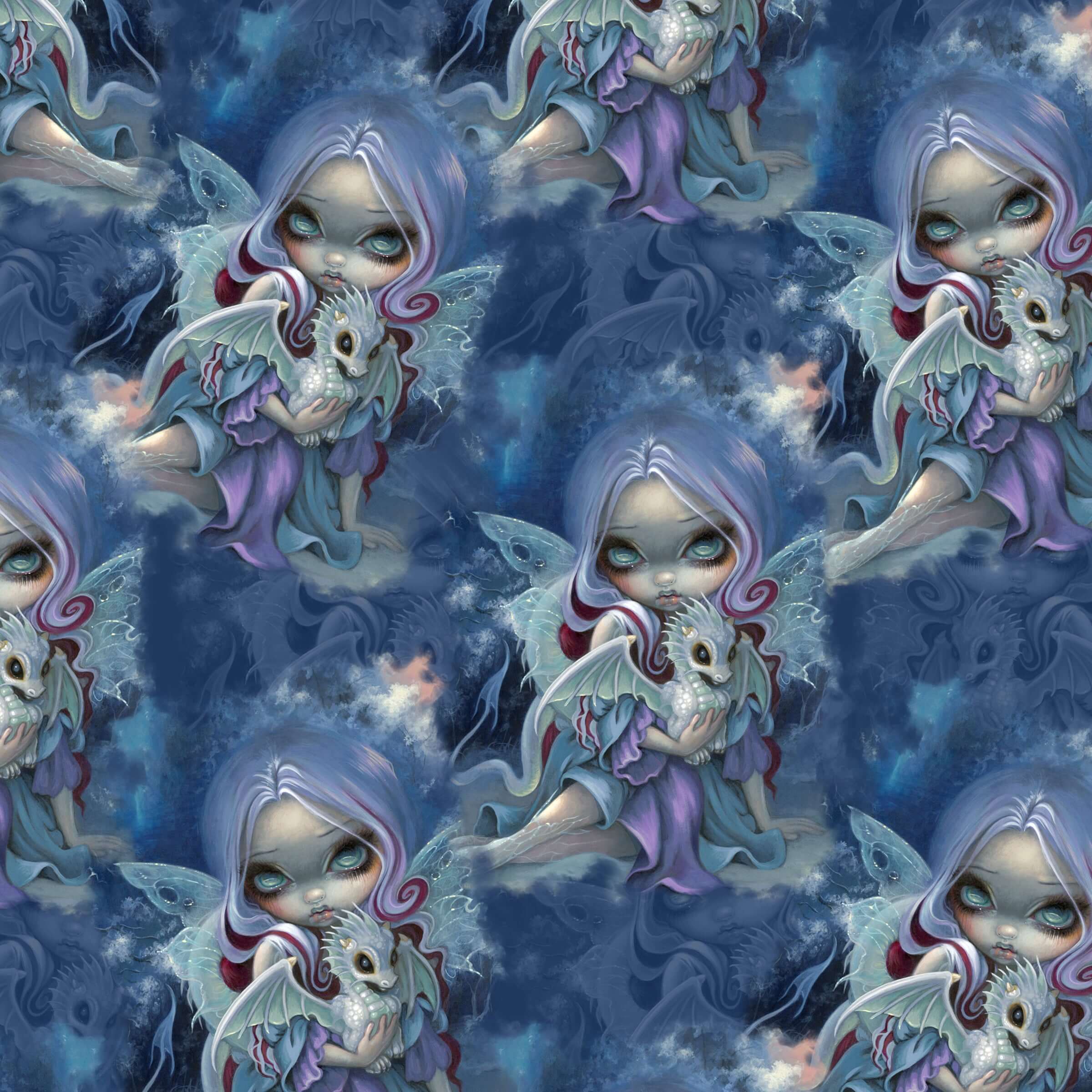 pattern of Wintry Dragonling Strangelings capri joggers from artist Jasmine Beckett-Griffith featuring an ethereal gothic-eyed fairy holding a baby dragon, set against a magical winter night sky in deep blues and lilac by Nikki Whoops Boutique. Nikki Whoo