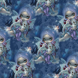 pattern of Wintry Dragonling Strangelings capri joggers from artist Jasmine Beckett-Griffith featuring an ethereal gothic-eyed fairy holding a baby dragon, set against a magical winter night sky in deep blues and lilac by Nikki Whoops Boutique. Nikki Whoo