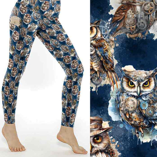 Mockup of wise-guys-steampunk-owl-on-blue-background-leggings-stock image by Nikki Whoops Boutique.