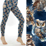 Mockup of wise-guys-steampunk-owl-on-blue-background-leggings-stock image by Nikki Whoops Boutique.