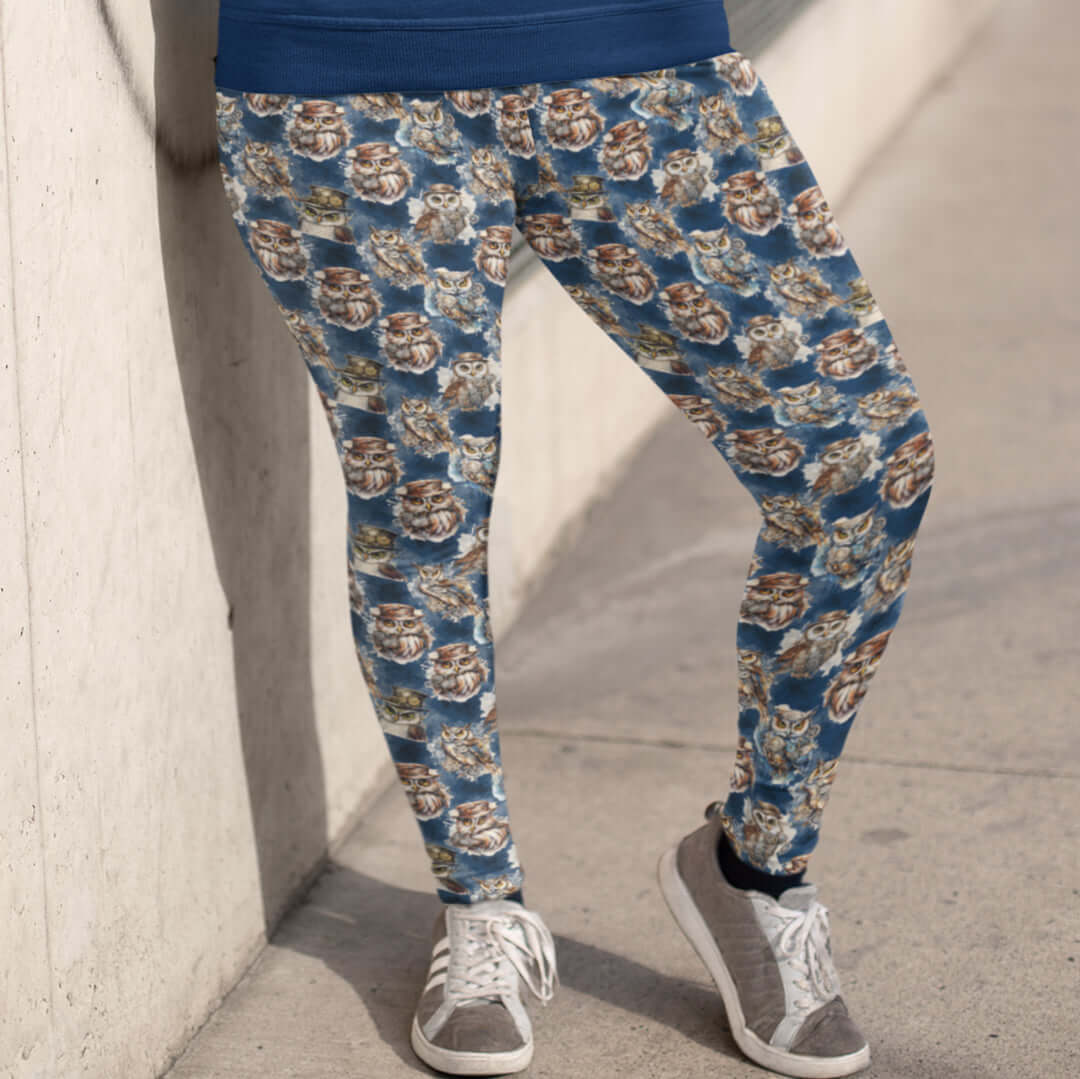 wise-guys-steampunk-owls-leggings-mockup-of-a-cool-woman-wearing-plus-size-leggings-and-a-sweatshirt by Nikki Whoops Boutique.