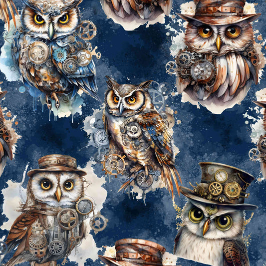Print of wise-guys-steampunk-owl-on-blue-background-leggings-stock image by Nikki Whoops Boutique.