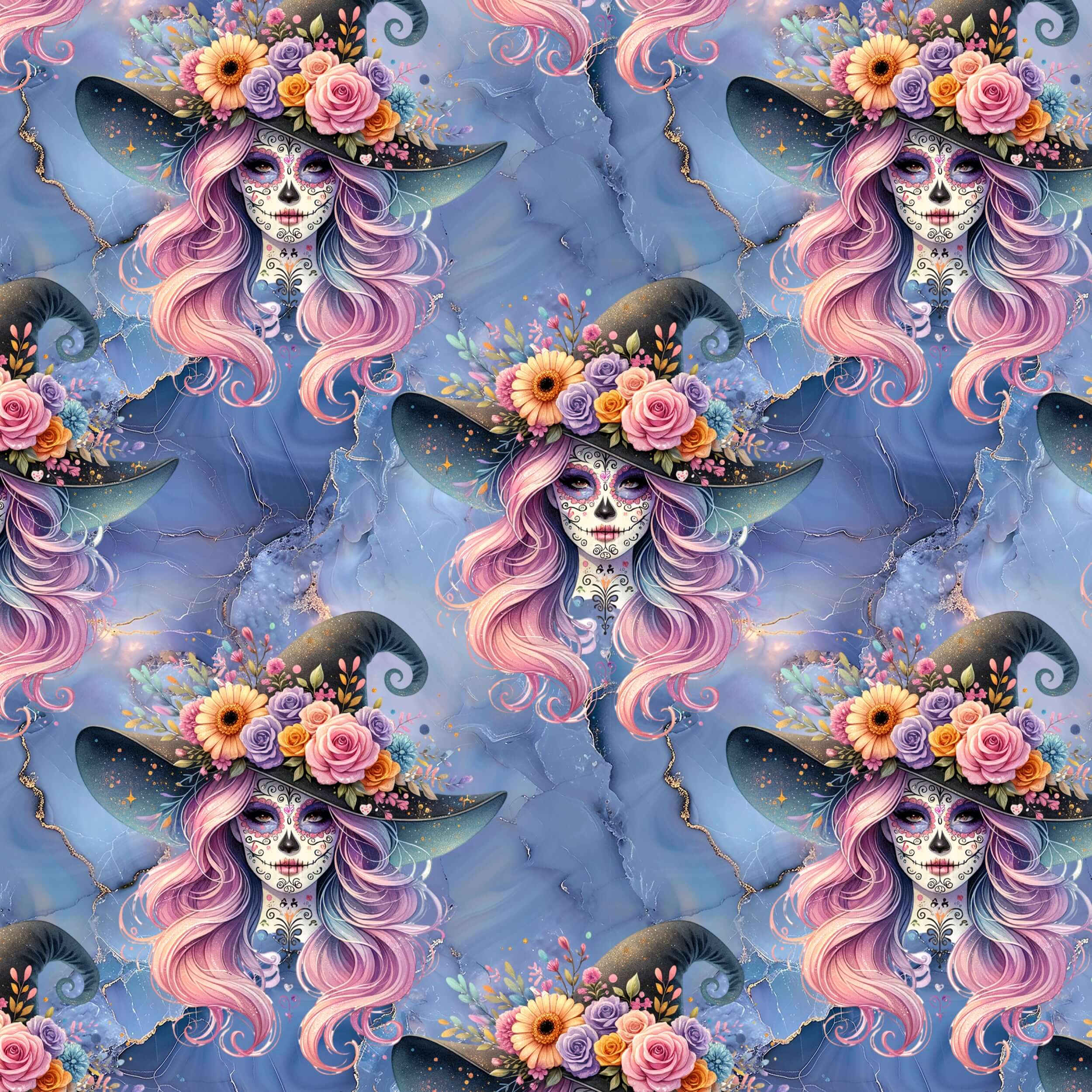 Cropped pattern of Witch, Please Day of the Dead Skull Leggings featuring witch with pink hair, floral witches hat, and blue magical background by Nikki Whoops Boutique.