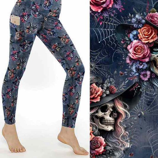Mockup of Witchy Woman Leggings with witch skulls, roses, and cobwebs on a dark background; close-up of intricate floral and gothic details by Nikki Whoops Boutique.