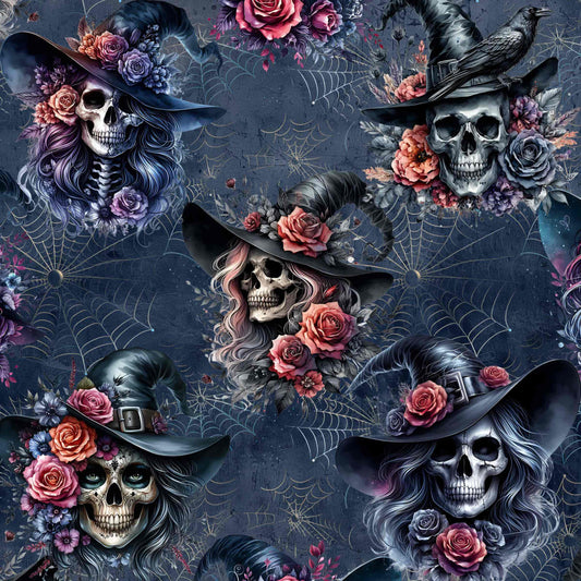 Gothic skulls wearing witch hats adorned with roses, cobwebs, and ravens on a dark, detailed background by Nikki Whoops Boutique.