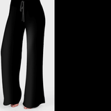 A pair of black lounge pants with a wide-legged design, featuring a 12cm waistband and side pockets. The pants are displayed in a standing position against a white background.