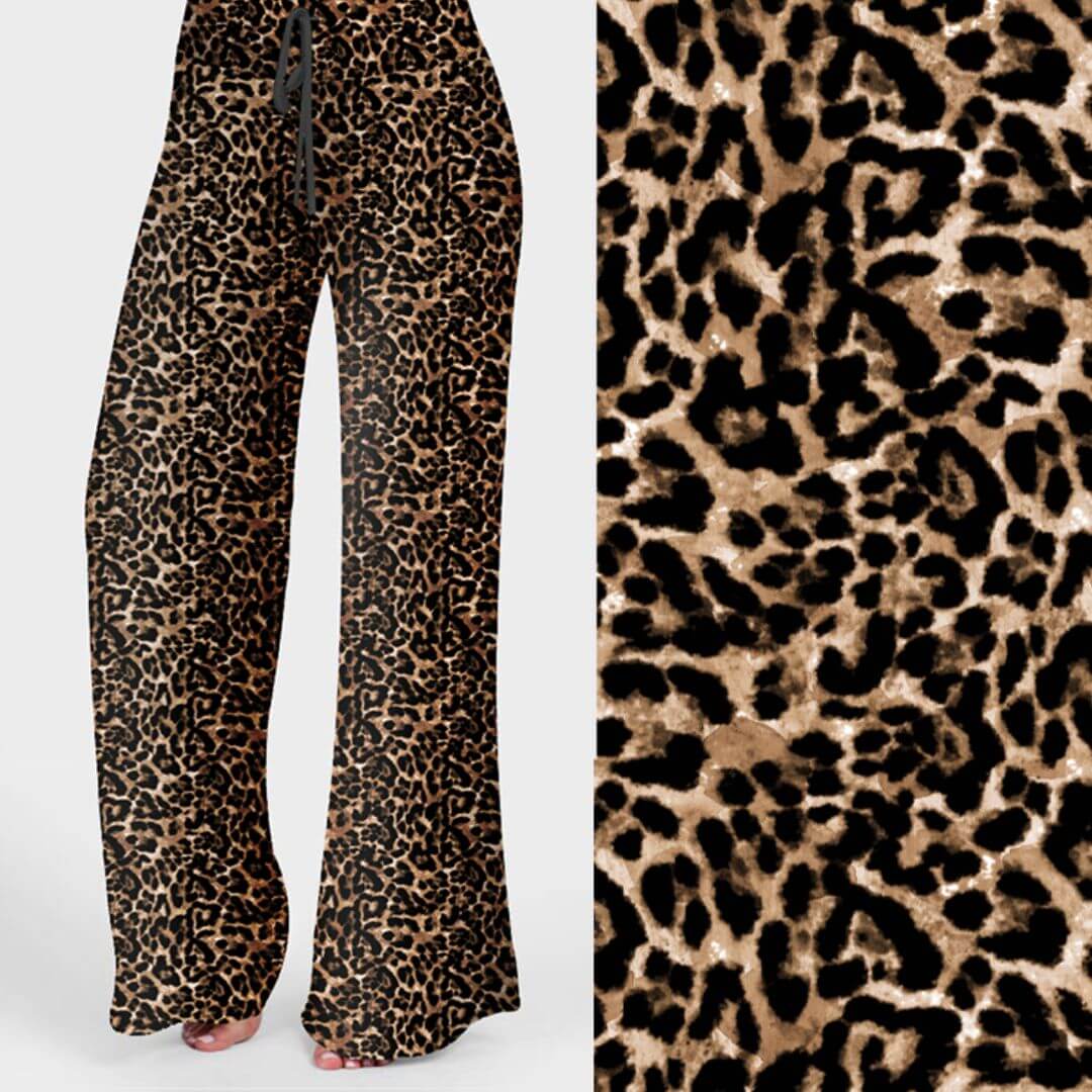 Leopard print lounge pants with a high and wide waistband, displayed against a white background.