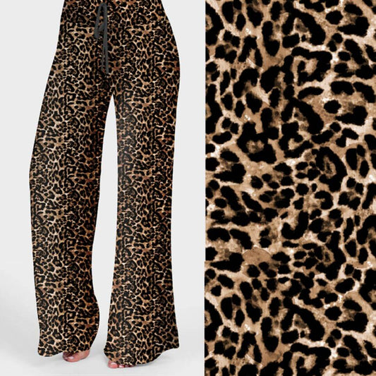 Leopard print lounge pants with a high and wide waistband, displayed against a white background.
