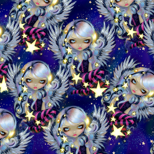 seamless pattern of Celestial leggings with silver-haired angels, glowing stars and a deep galaxy background in blues and purples.