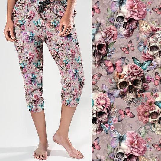 Badass Bones & Butterflies Dusty Pink Skull Print Capri Joggers With Pockets