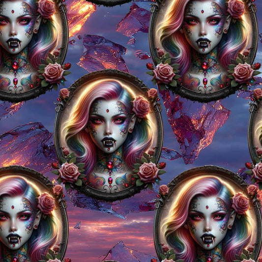 Leggings featuring vampire-inspired female portraits framed in gothic cameos with roses, set against a purple and fiery sunset background cropped pattern