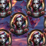 Leggings featuring vampire-inspired female portraits framed in gothic cameos with roses, set against a purple and fiery sunset background cropped pattern