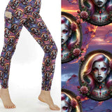 Leggings featuring vampire-inspired female portraits framed in gothic cameos with roses, set against a purple and fiery sunset background.