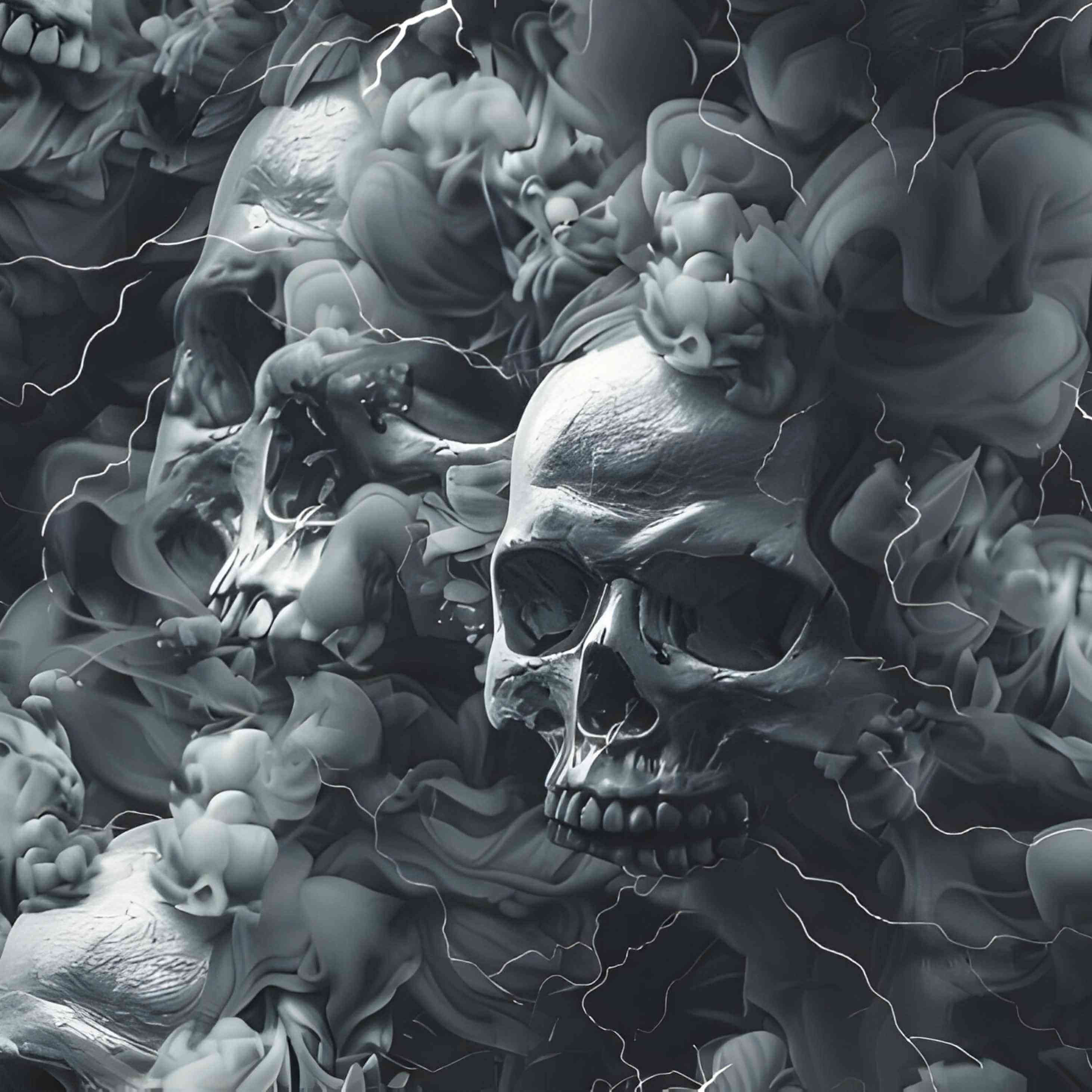 seamless pattern of Monochrome skull leggings with swirling storm clouds and lightning bolts on a dark smoky background.