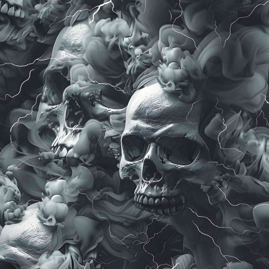 seamless pattern of Monochrome skull leggings with swirling storm clouds and lightning bolts on a dark smoky background.