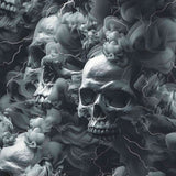 seamless pattern of Monochrome skull leggings with swirling storm clouds and lightning bolts on a dark smoky background.