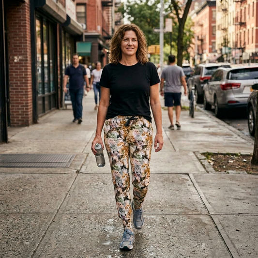 Lady wearing cat print jogger pants