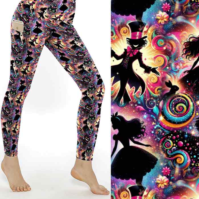 mockup of Wonderland-themed leggings with tea cups, white rabbits, checkered patterns and surreal elements in rich, moody colours.