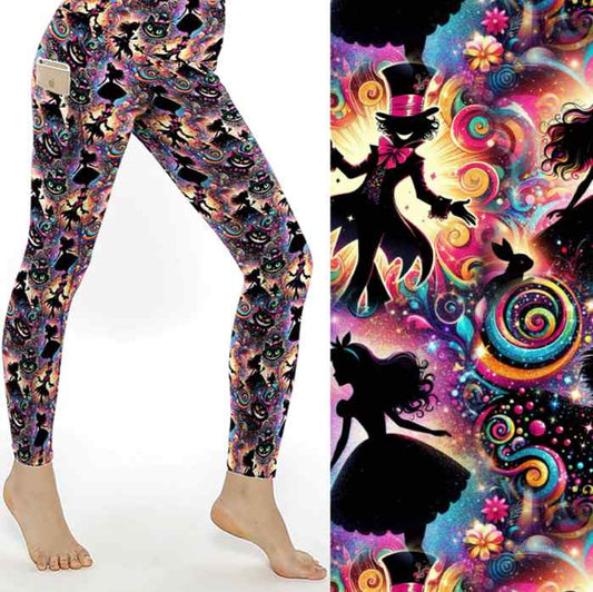 mockup of Wonderland-themed leggings with tea cups, white rabbits, checkered patterns and surreal elements in rich, moody colours.