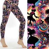 mockup of Wonderland-themed leggings with tea cups, white rabbits, checkered patterns and surreal elements in rich, moody colours.