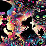 Colourful pattern with vibrant Alice in Wonderland print featuring Cheshire Cat, Mad Hatter, Alice silhouettes, and colourful swirls.
