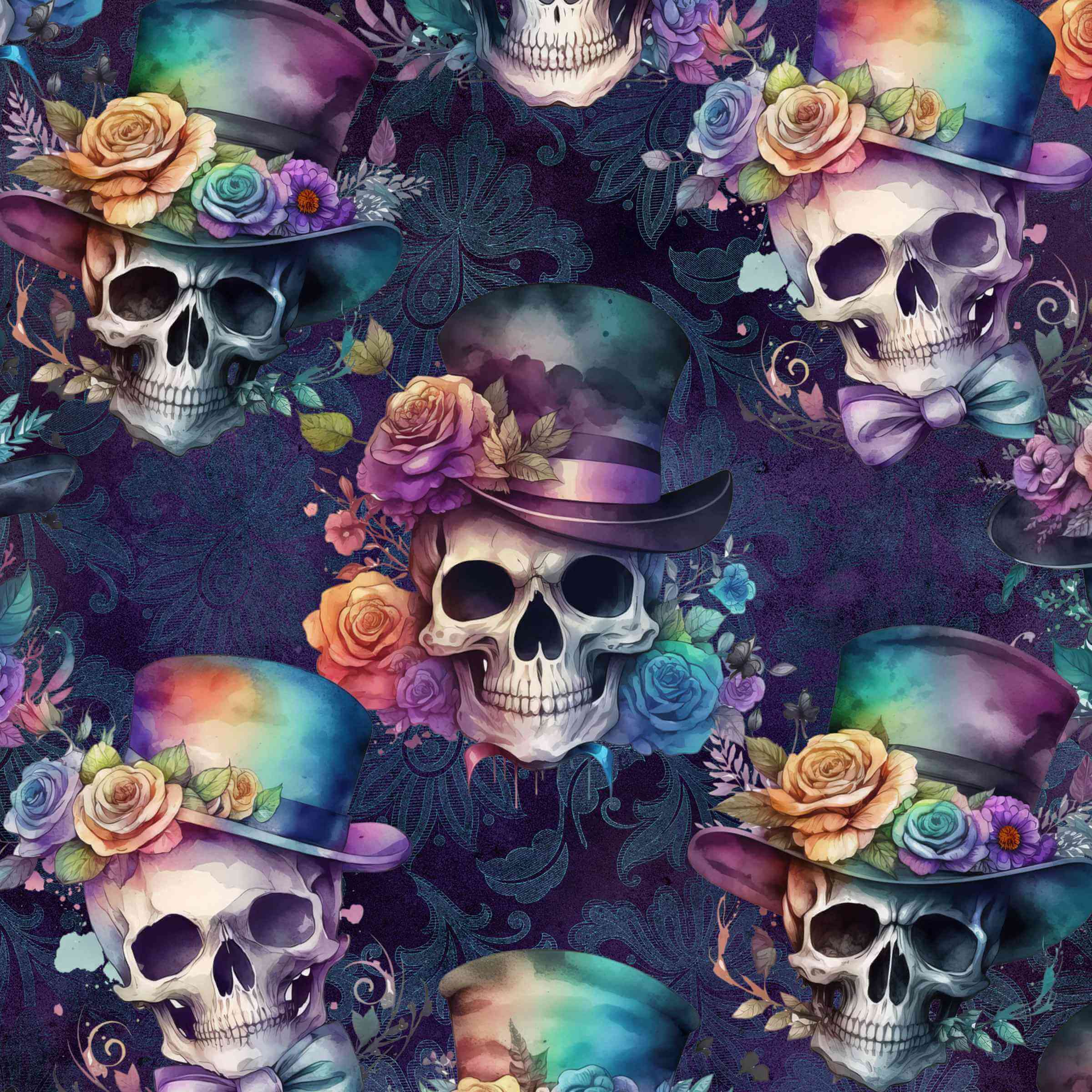 pattern featuring a floral and skull pattern, with an assortment of hats and vibrant rainbow roses on the brims of the skulls.