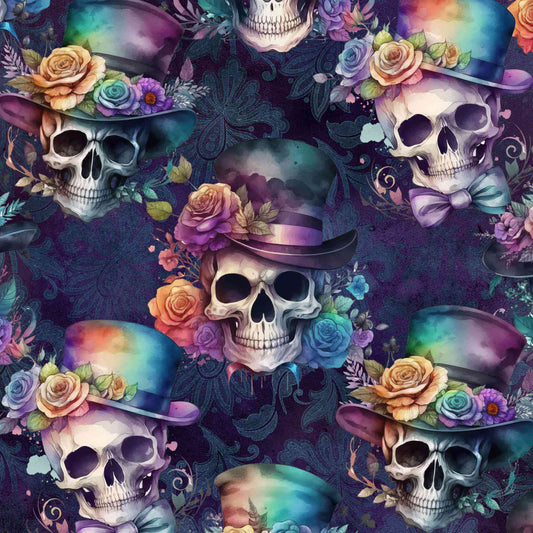 pattern featuring a floral and skull pattern, with an assortment of hats and vibrant rainbow roses on the brims of the skulls.
