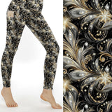 Leggings with intricate black and gold pattern on a white background