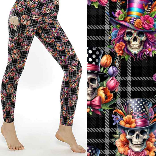 mockup of Vintage-style leggings featuring fancy skeletons and brocade floral elements on a black and white plaid background.