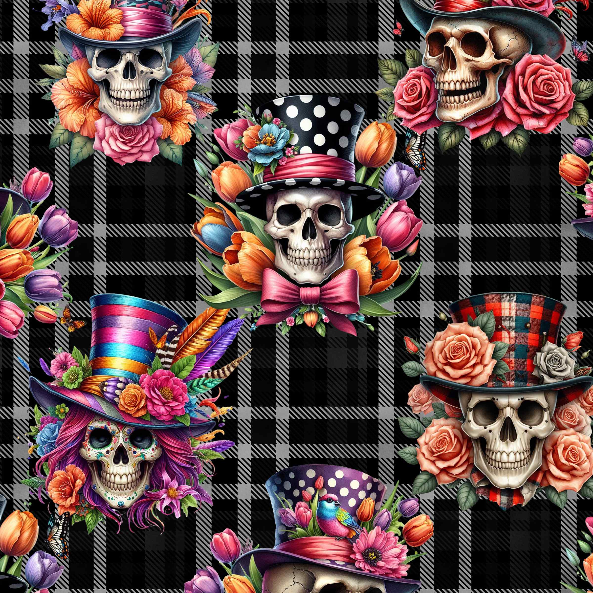 seamless pattern of Vintage-style leggings featuring fancy skeletons and brocade floral elements on a black and white plaid background.