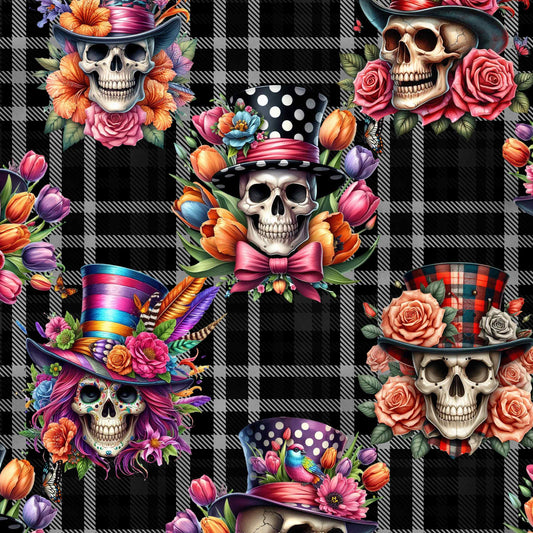seamless pattern of Vintage-style leggings featuring fancy skeletons and brocade floral elements on a black and white plaid background.